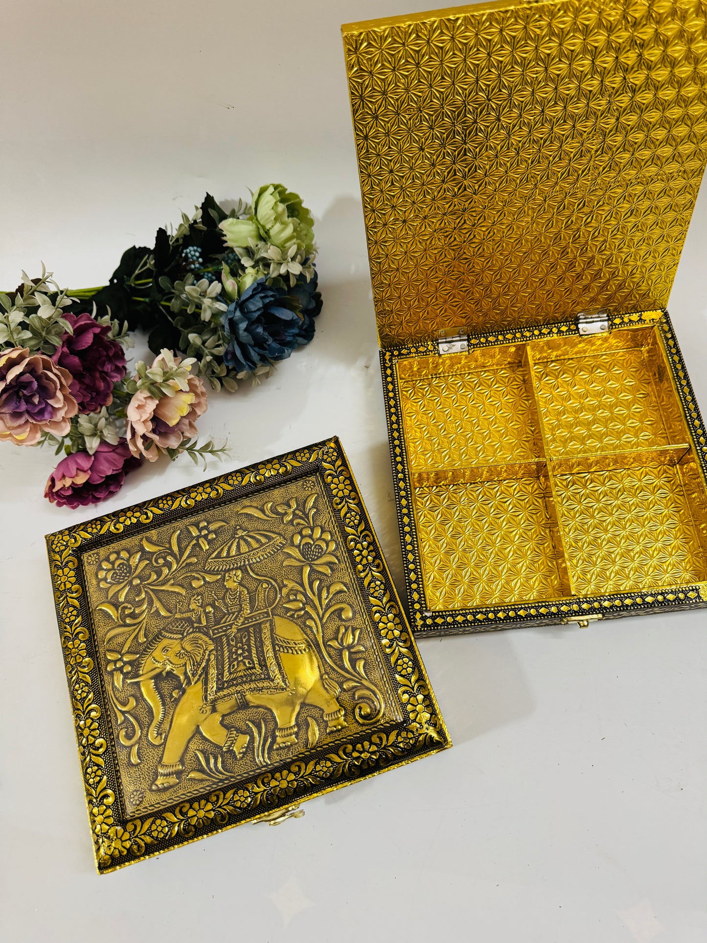 Meenakari Wooden DryFruit Box (8x8 Inch) | Royal Elephant Design Gift Box | 4 Compartments