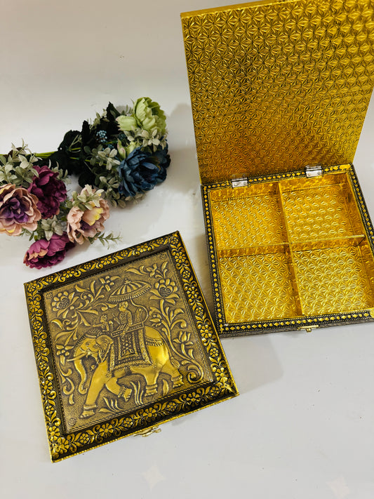 Meenakari Wooden DryFruit Box (8x8 Inch) | Royal Elephant Design Gift Box | 4 Compartments