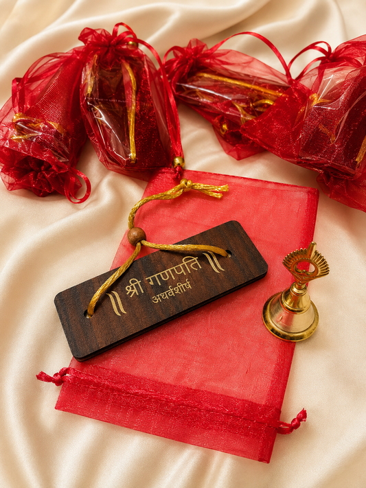 Ganpati Atharvashirsh Gift Set with Organza Potli, Bell & Ganesh Aarti | Spiritual Return Gift