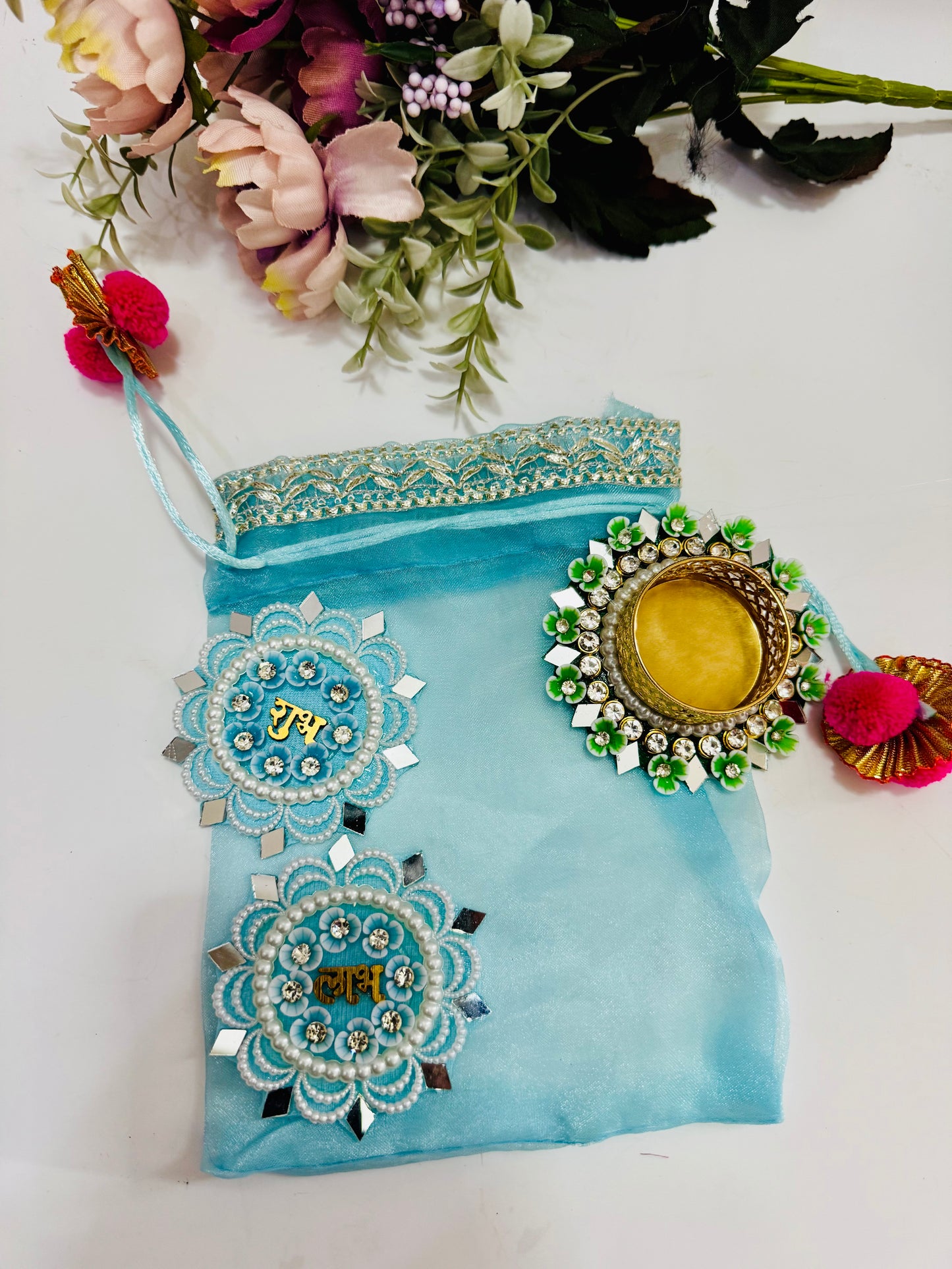 Festive pastel Shubh Labh Hamper with Decorative T-Light Holder
