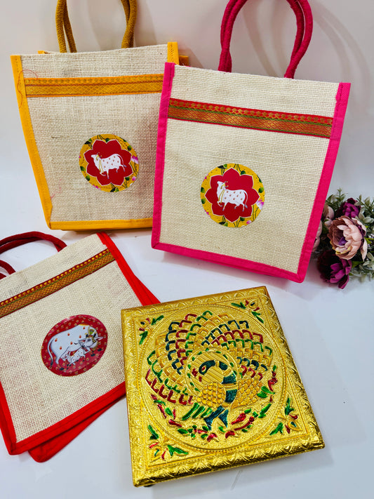 Pichwai Jute Gift Bag + 8 Inch Meenakari Bajot