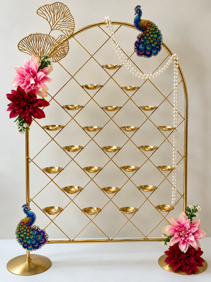 Brass-Coated Deep Mahal with 24 Diyas | Peacock & Floral Diwali Decor