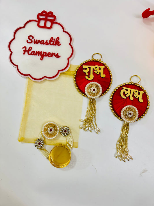 Long Hanging Shubh Labh Set with Heavy Crafted T-Light & Organza Potli