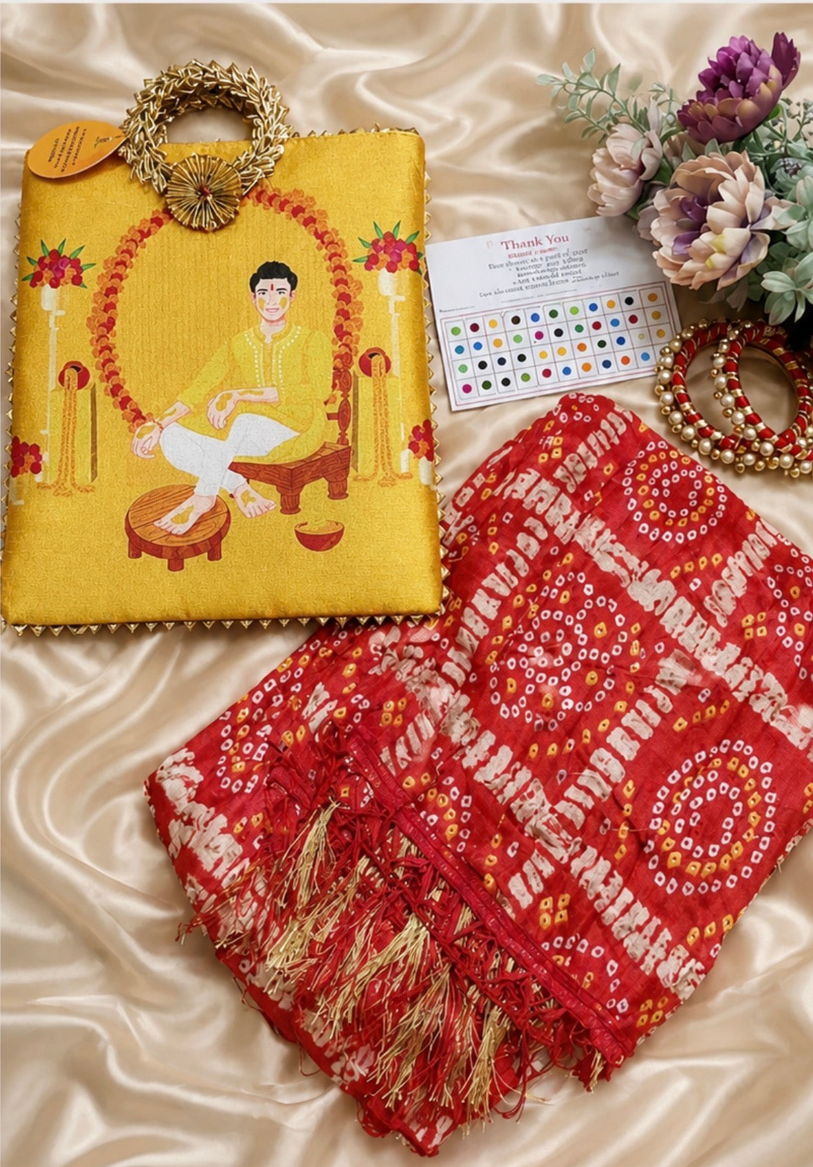 Haldi Ceremony Return Gift Hamper with Bandhej Dupatta, Theme Bag, Bangles & Bindi | Wedding & Mehendi Favours