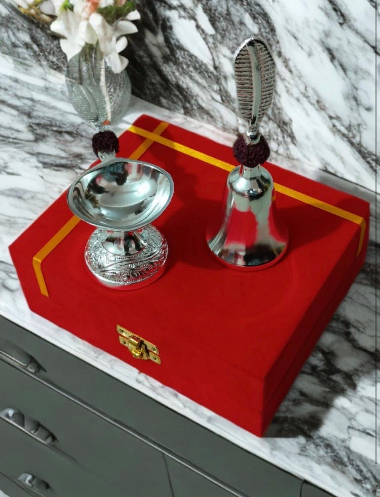 Rudraksh Diya & Bell Set with Velvet Box