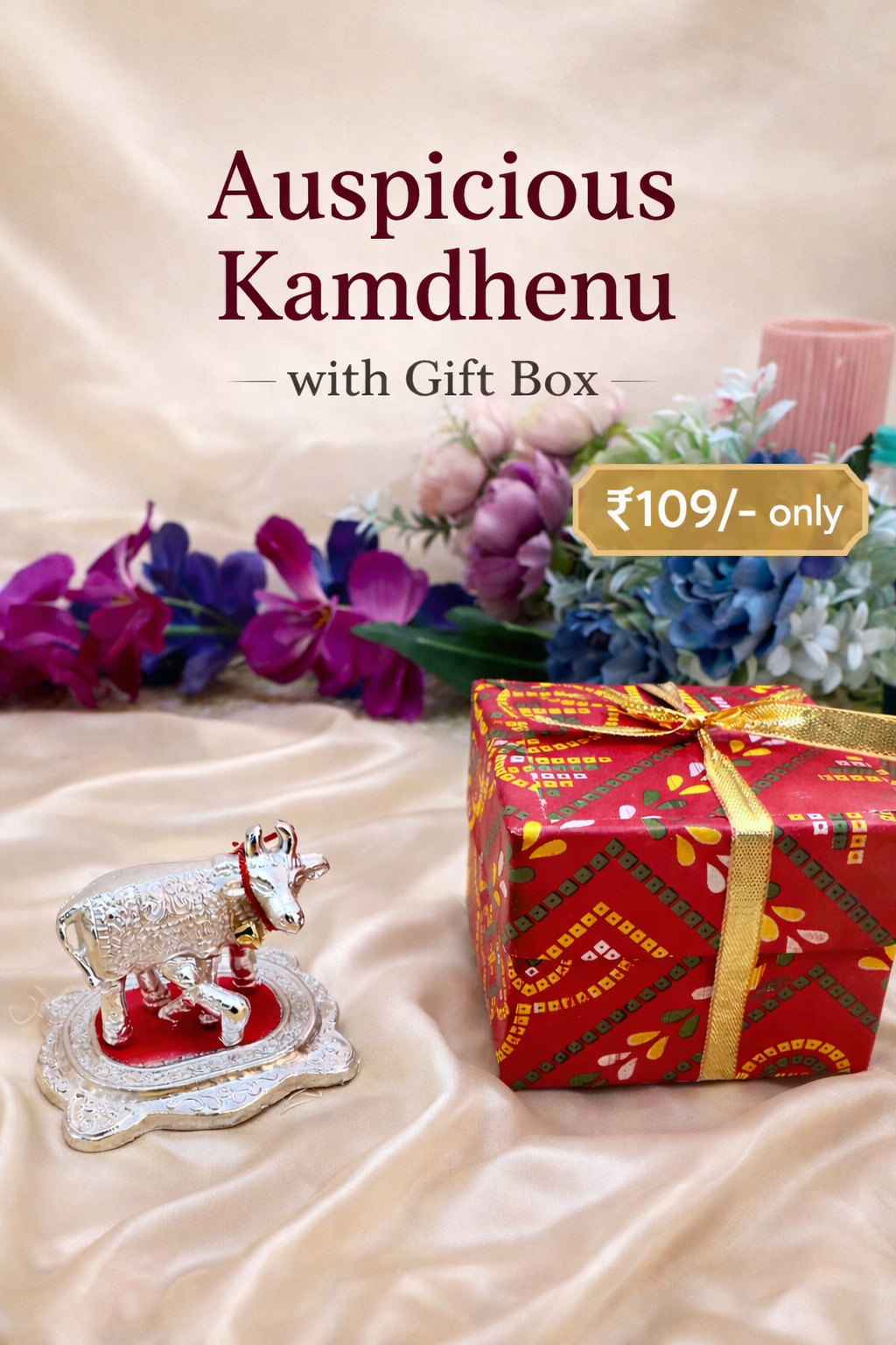 Kamdhenu Cow & Calf Idol (3 Inch) | Gift of Prosperity for Home, Pooja & Gifting (with organza potli)