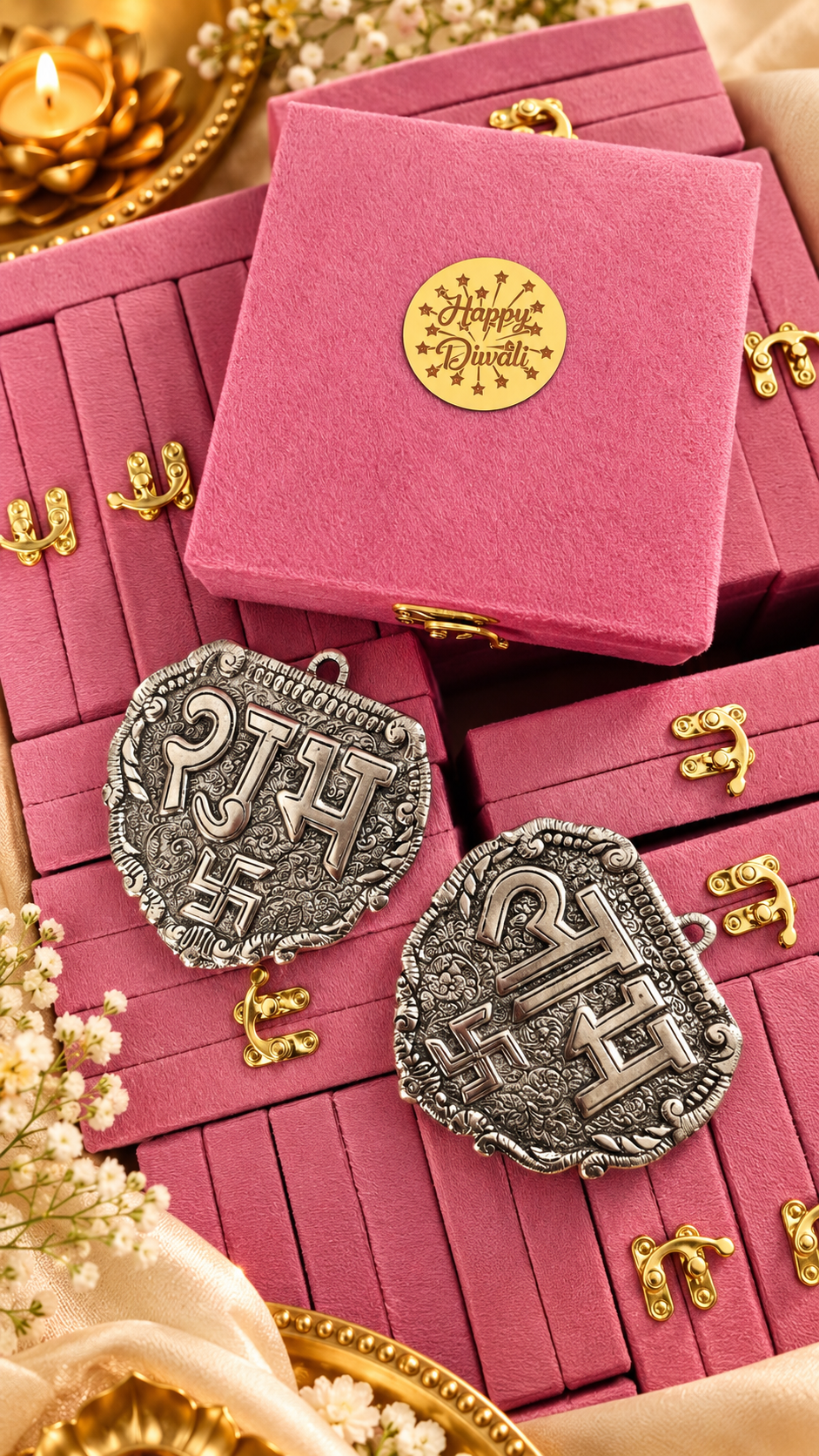 German Silver Shubh Labh with Premium Velvet Suede Box | Diwali Gift