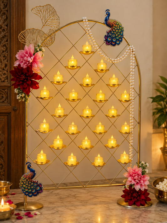 Brass-Coated Deep Mahal with 24 Diyas | Peacock & Floral Diwali Decor