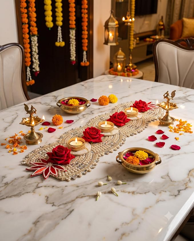 Premium Diwali Table Runner, Festive Home Decor for Dining & Pooja