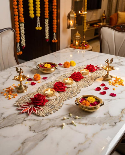 Premium Diwali Table Runner, Festive Home Decor for Dining & Pooja