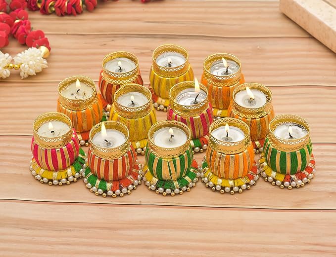 Sanvatsar Designer Damru Tealight Diwali Diya for Home Decoration (Set of 12)