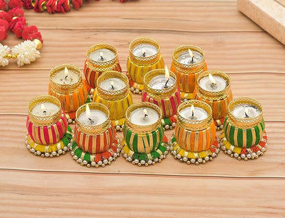 Sanvatsar Designer Damru Tealight Diwali Diya for Home Decoration (Set of 12)