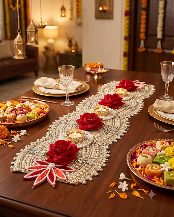 Premium Diwali Table Runner, Festive Home Decor for Dining & Pooja