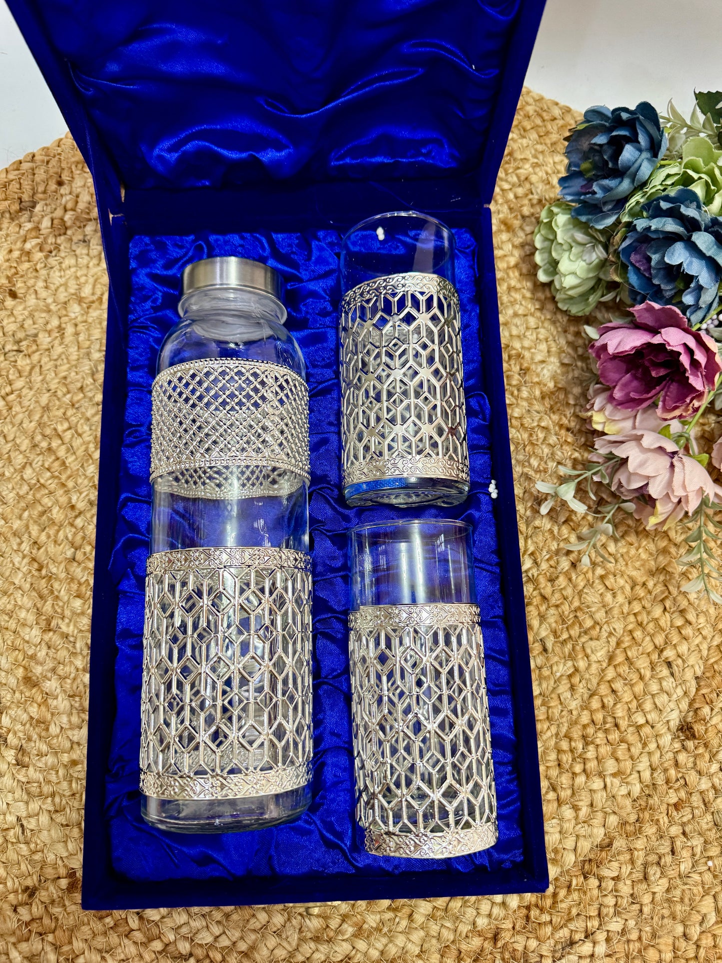 German Silver Work Glass Bottle Set (With 2 Glasses)