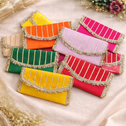 Gota Patti Batua Clutch with Lace Work | Inner Zip & Magnetic Closure | Wedding Return Gift