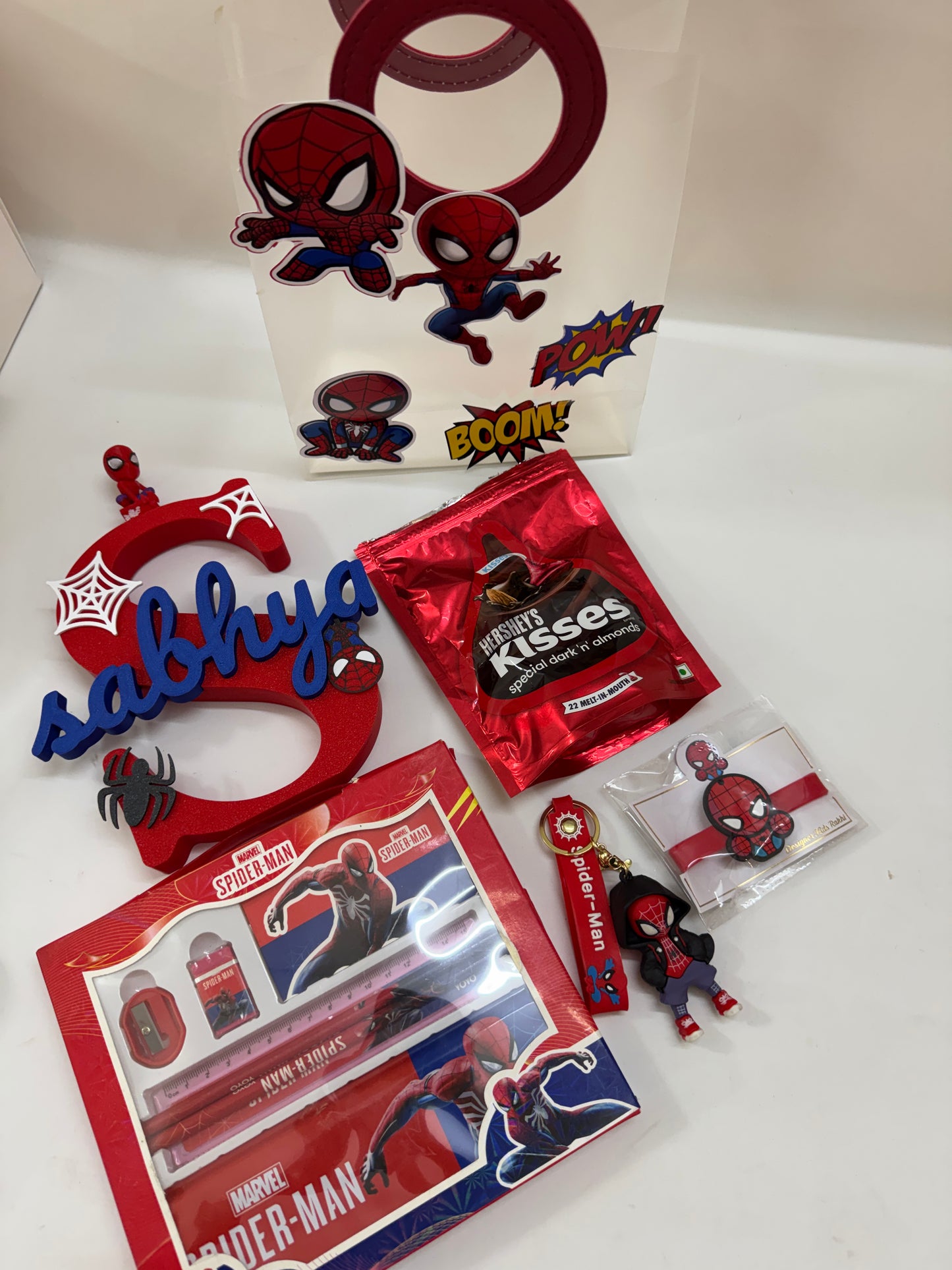 Personalized Spider-Man Gift Hamper with PVC Bag, Name Stand, Rakhi & Stationery | Kids Gift