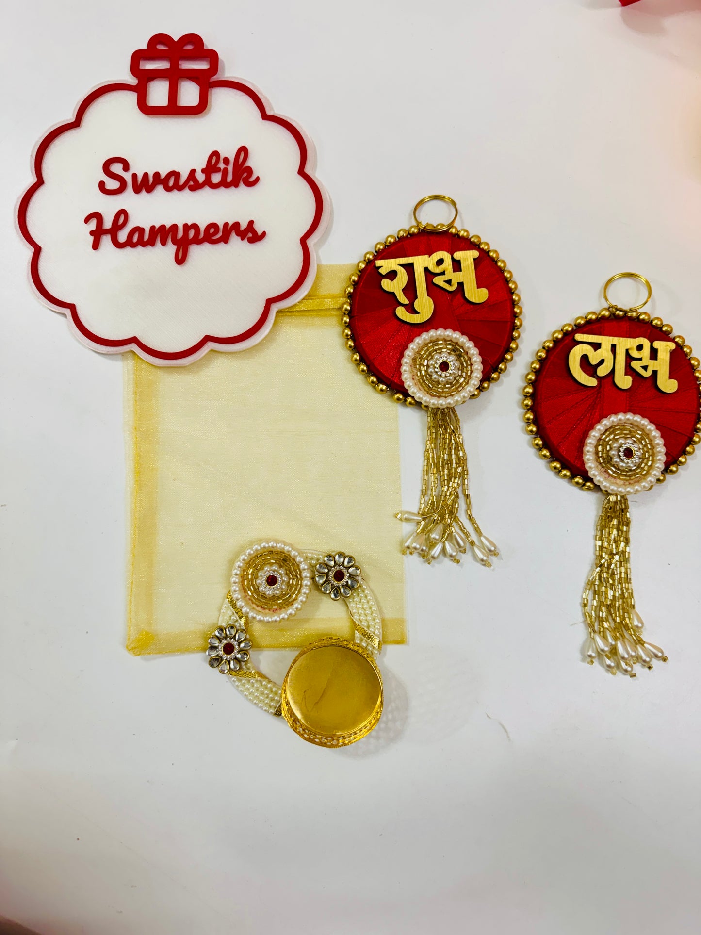 Long Hanging Shubh Labh Set with Heavy Crafted T-Light & Organza Potli