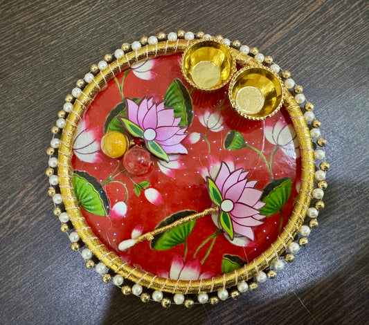 Lotus Pichwai Tilak Platter Set – 6 Inch MDF | Lotus Tilak Stick + Haldi Kumkum Bottles + Organza Potli | Wedding & Festive Pooja Gifts