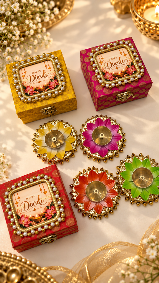 Diwali Brocade Gift Box with Lotus Brass Ghungroo Diya