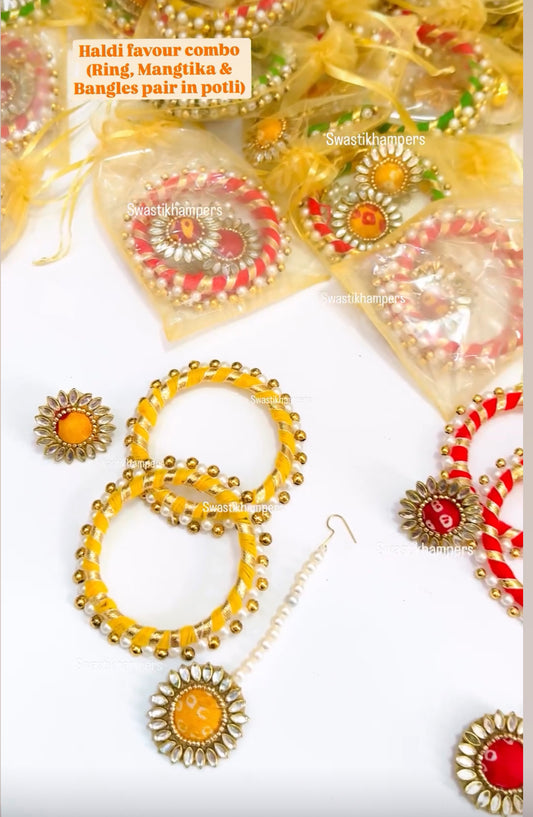 Haldi–Mehendi Favour Set – Gota Beads Bangles, Bandhej Ring & Mangtika (with Organza Potli)