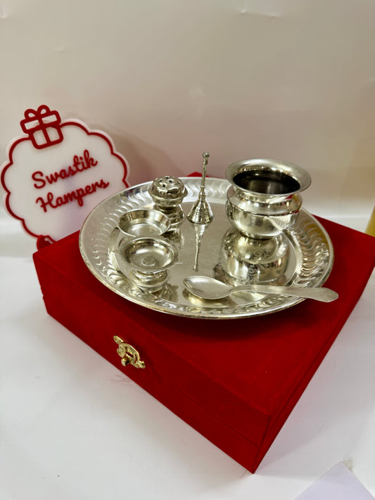 German Silver Pooja Set with Velvet Box | Wedding Return Gift Hamper