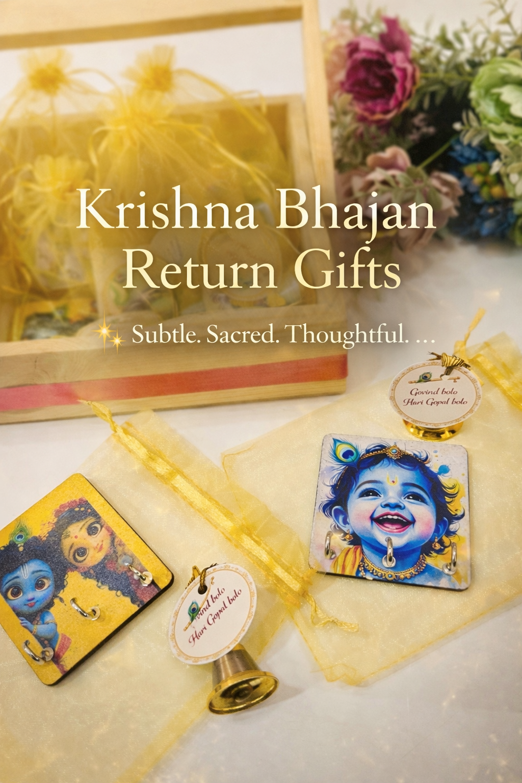 Krishna Bhajan Return Gift Set (Potli + Bell + Key Hanging)