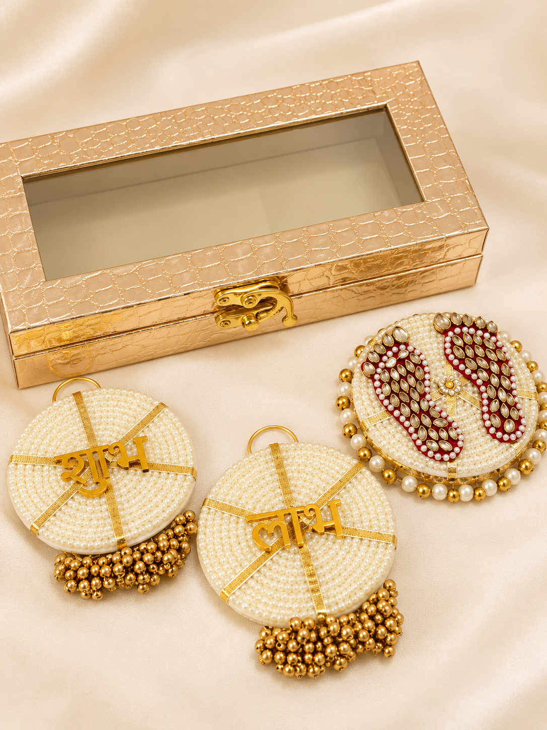 Premium Golden Box with Shubh-Labh Hanging & Kundan Pearl Lakshmi Charan
