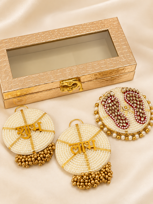 Premium Golden Box with Shubh-Labh Hanging & Kundan Pearl Lakshmi Charan