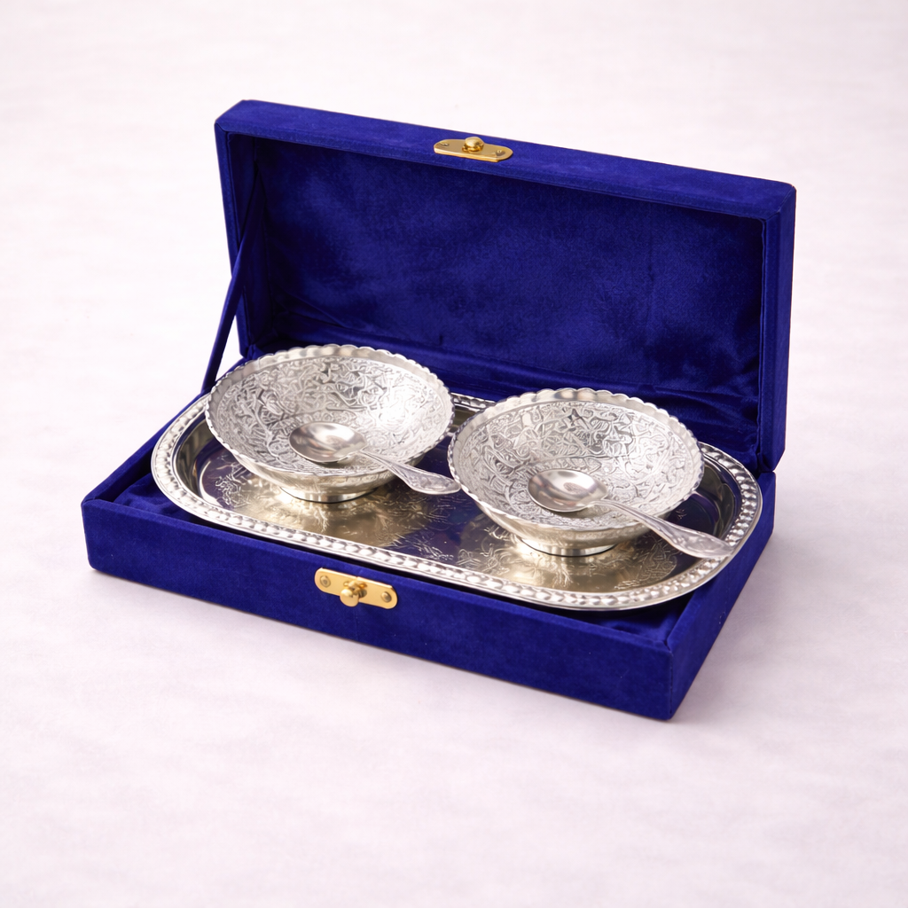 German Silver Tray & Bowl Set with Velvet Box | 4 Inch Bowls, 8.5 Inch Tray | Wedding & Housewarming Return Gift