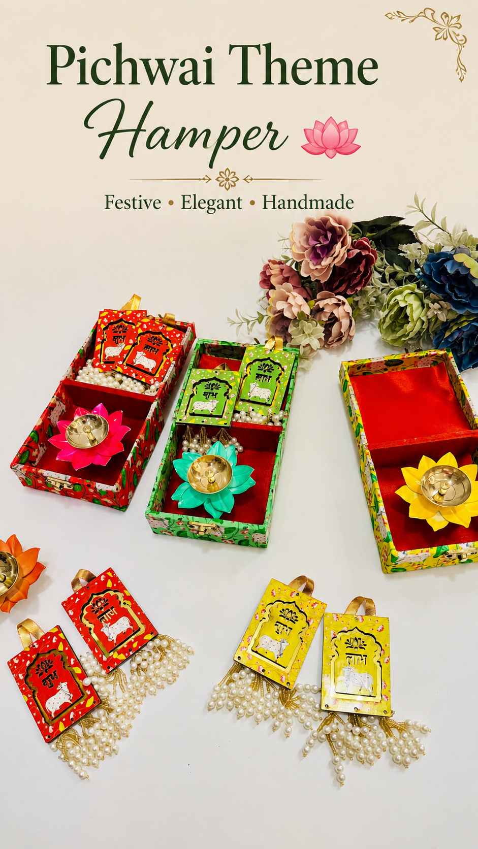 Pichwai Theme Gift Hamper with Lotus Brass Diya & Wooden Shubh Labh