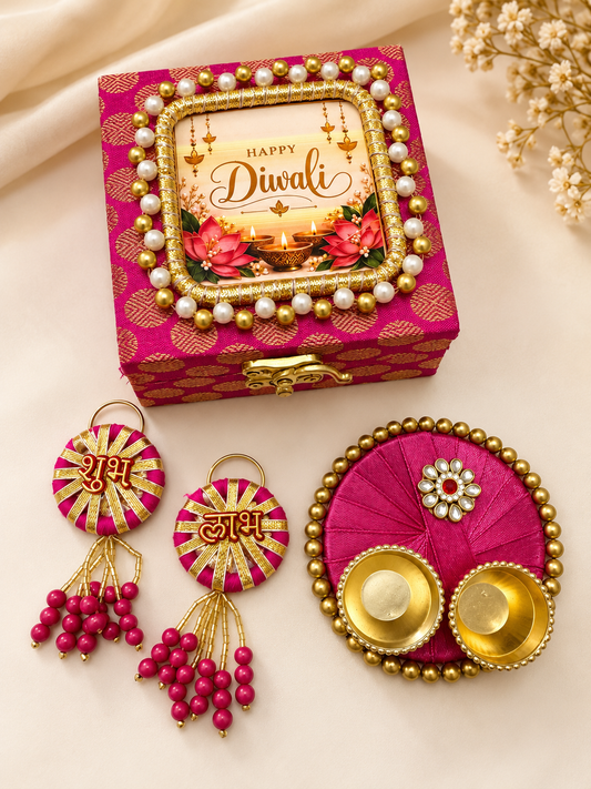 Diwali Gift Set with Decorative Box, Shubh Labh Hangings & Diya Thali