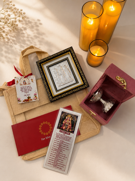 Ram Darbar Silver Frame Gift Hamper with Hanuman Chalisa & Silver Diya | Return Gift Hamper