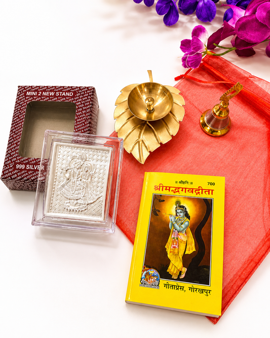 Bhagwat Return Gift Hamper with Radha Krishna Silver Frame & Brass Diya