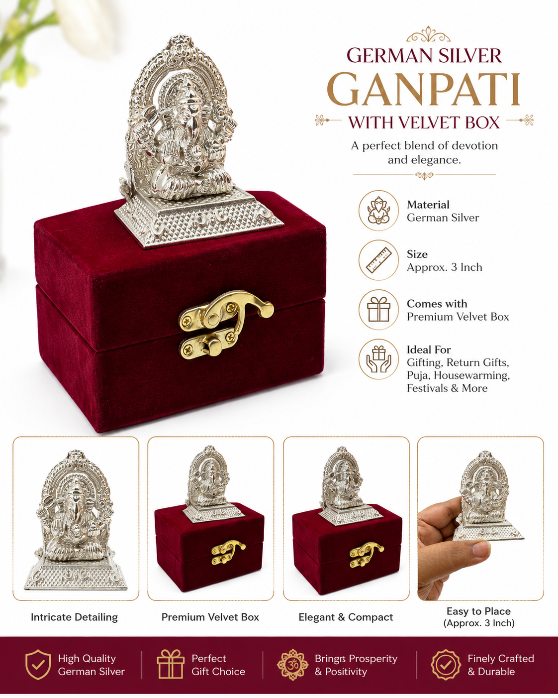 German Silver Ganpati Idol with Premium Velvet Box |  Return Gift
