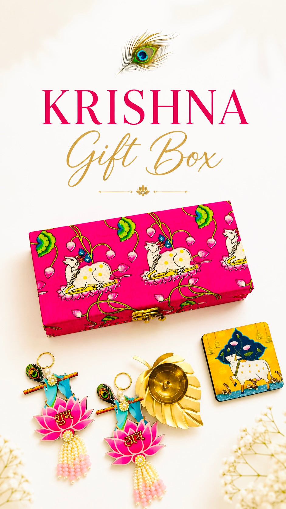 Krishna Gift Hamper | Pichwai Box with Shubh Labh, Brass Diya & Key Hanging