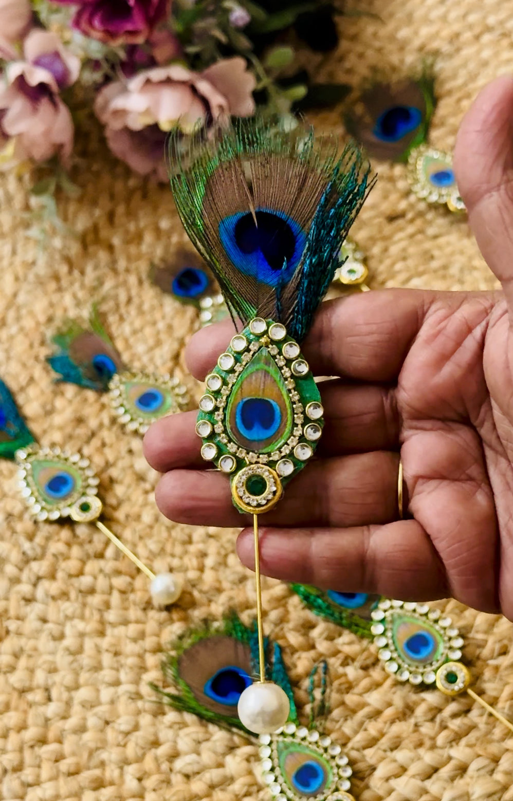 Morpankh Brooch for Welcome & Favors | Peacock Feather Brooch with Pearl Drop