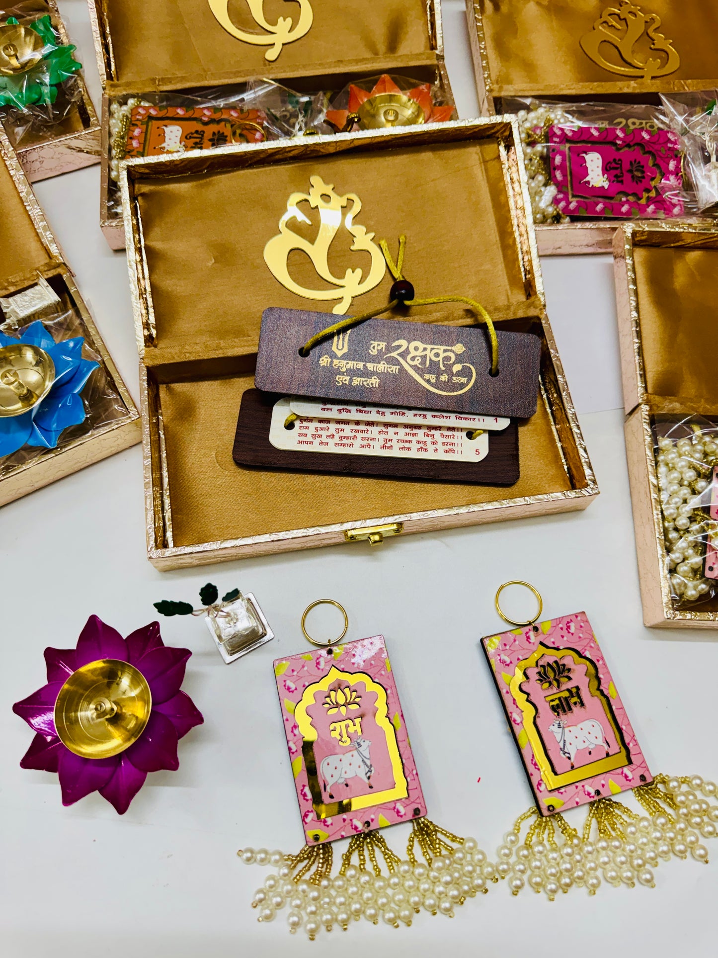Premium Golden Lotus Spiritual Gift Hamper | Ganpati Box, Hanuman Chalisa & Lotus Diya
