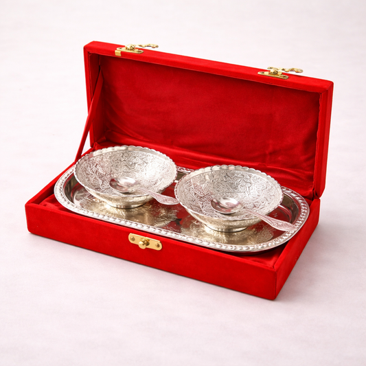 German Silver Tray & Bowl Set with Velvet Box | 4 Inch Bowls, 8.5 Inch Tray | Wedding & Housewarming Return Gift