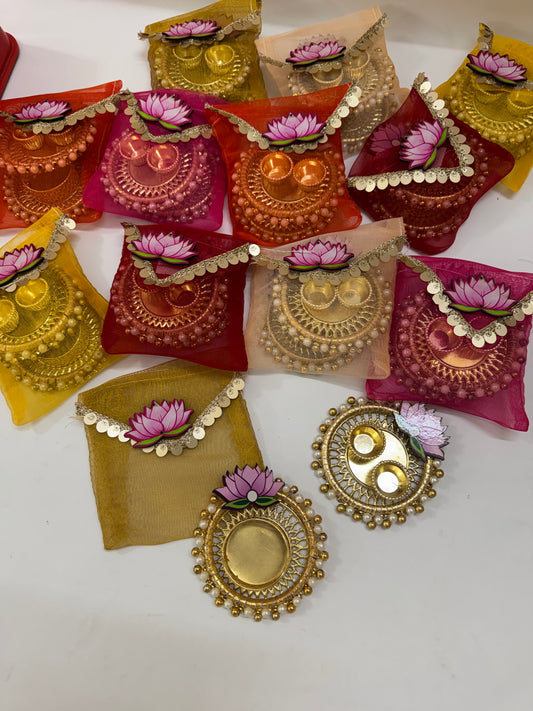 Metal Tlight diya & Metal Tilak Plater in organca pouch | Festive Gift Set