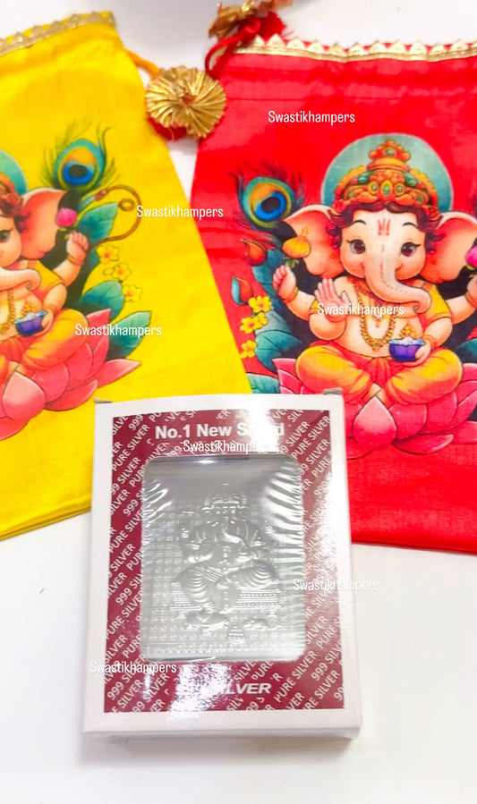 Elegant 999 Silver Ganpati Frame with Festive Potli – Ganesh Chaturthi Return Gift