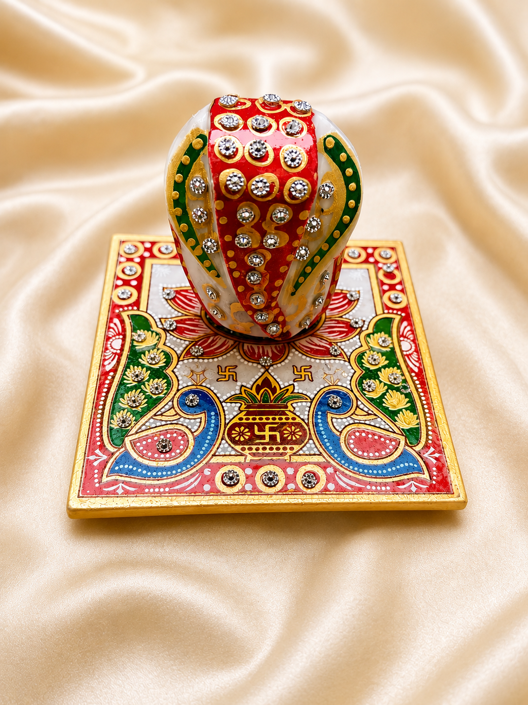Handcrafted Marble Chowki with Meenakari Ganesh Ji Idol | Decorative Pooja Set with Box Packing