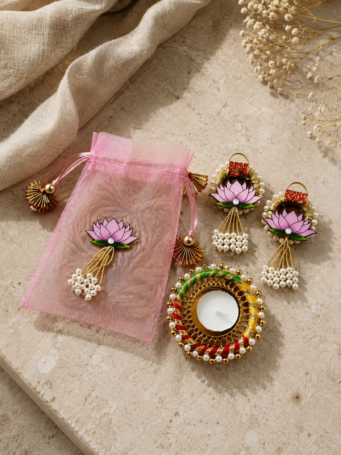 Lotus Shubh Labh Potli Gift Set with T-Light Holder & Candle | Festive Return Gift