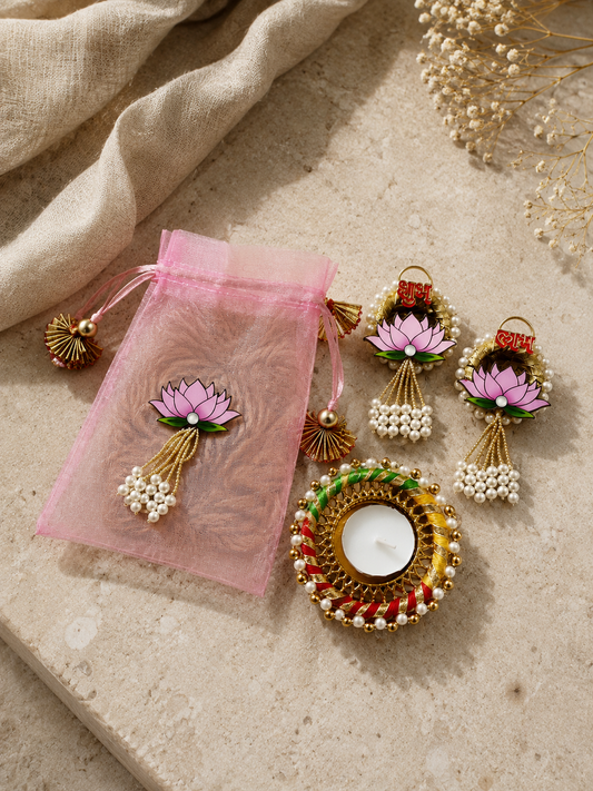 Lotus Shubh Labh Potli Gift Set with T-Light Holder & Candle | Festive Return Gift