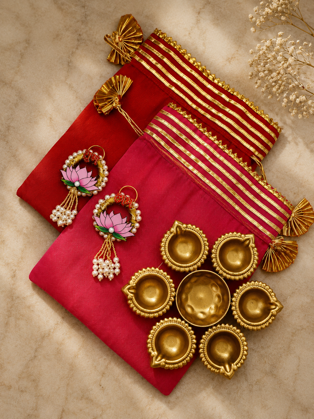 Premium Gota Potli Gift Set with Brass Coated Urli & Lotus Shubh Labh Pair | Festive Return Gift