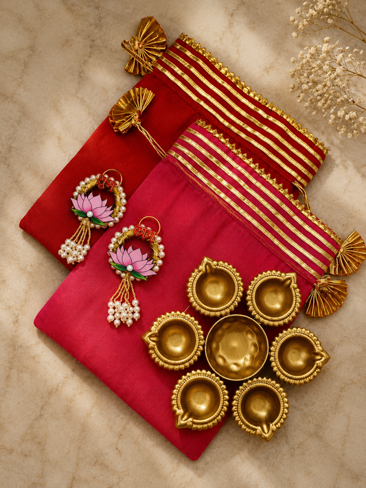 Premium Gota Potli Gift Set with Brass Coated Urli & Lotus Shubh Labh Pair | Festive Return Gift