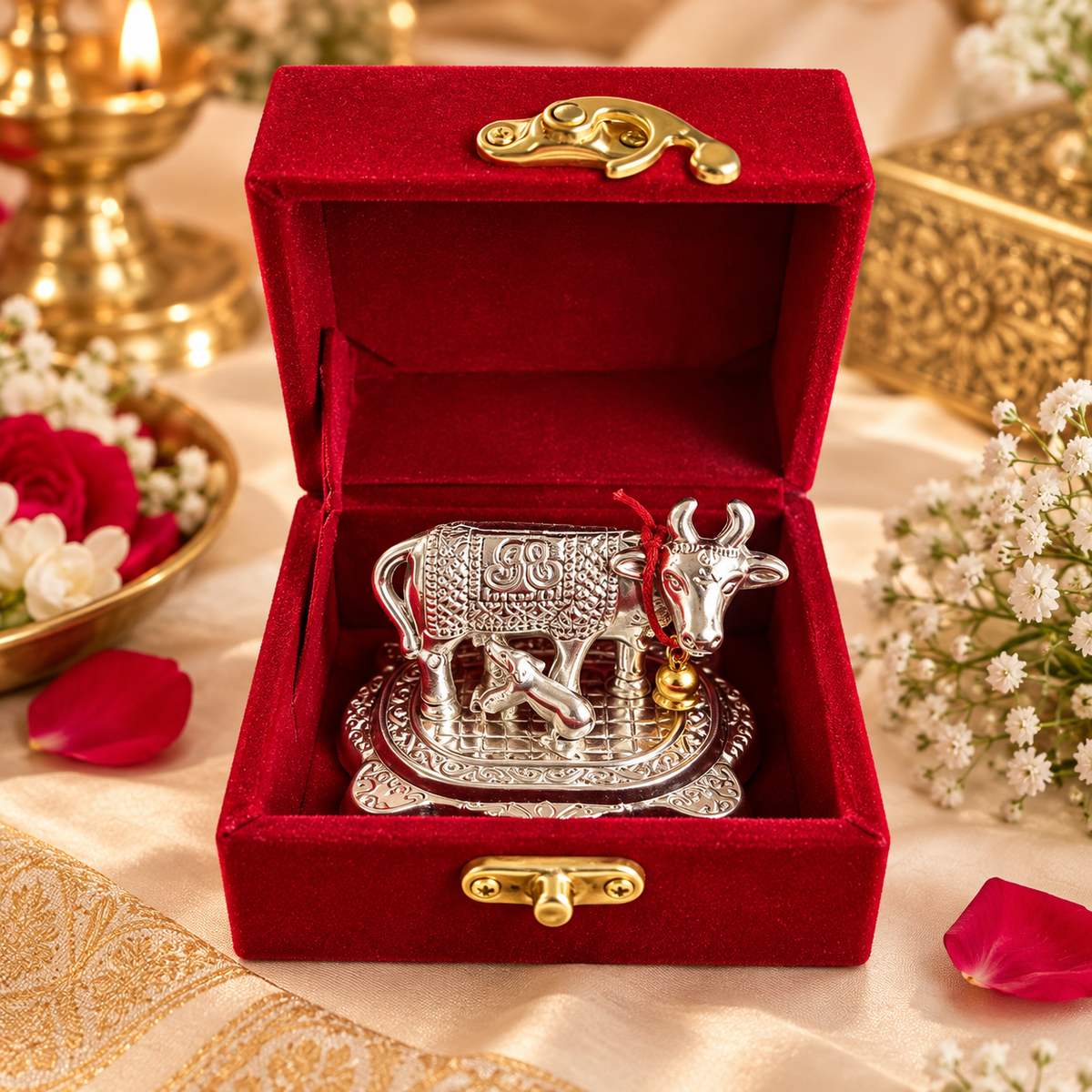 German Silver cow calf Kamdhenu statue