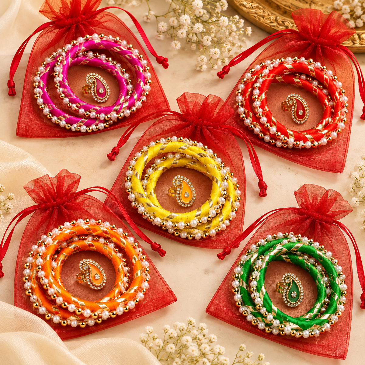 Thread Work & Gota Pearl Bangles with Matching Ring and Organza Potli
