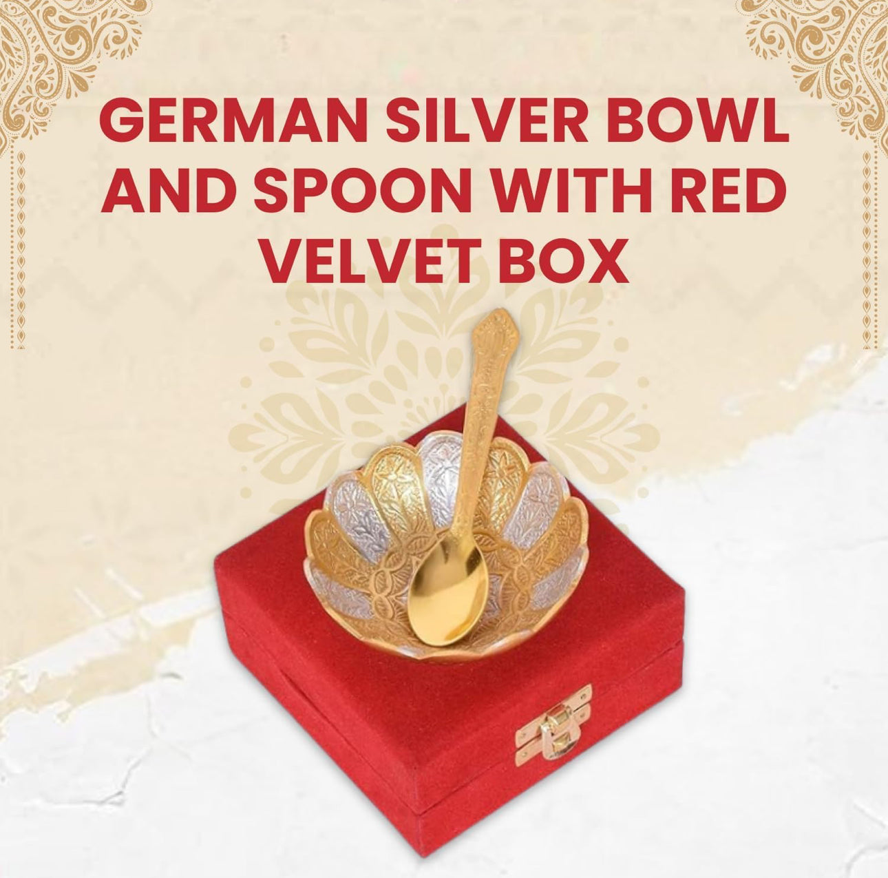 German Silver Bowl Set of 2 | German Silver Bowl and Spoon with Red Velvet Box | 2 Pieces Set for Weeding Gifts, House Warming & Pooja | Silver Gift Items (Silver-Gold Floral) 3.75 Inch, 120 ML