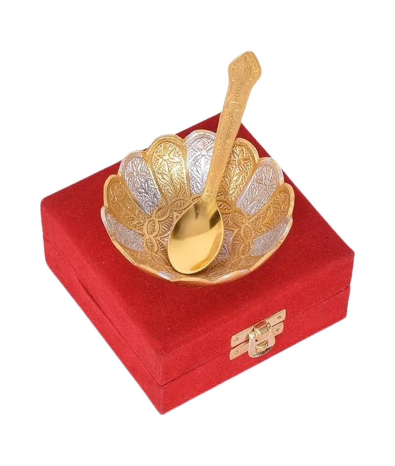 German Silver Bowl Set of 2 | German Silver Bowl and Spoon with Red Velvet Box | 2 Pieces Set for Weeding Gifts, House Warming & Pooja | Silver Gift Items (Silver-Gold Floral) 3.75 Inch, 120 ML