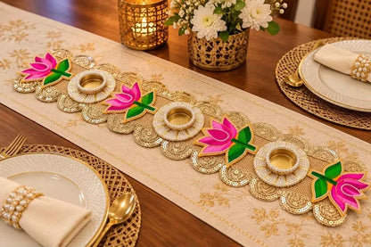 Handmade Pink Lotus Table Runner with T-Light Holders